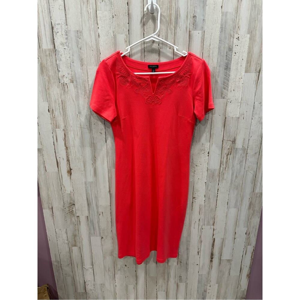 Talbots Bright Coral Floral Embroidered Midi Tshirt Dress XS Preppy Old Money - Picture 2 of 7